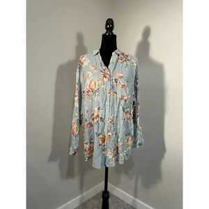 Country Shop Made in USA‎ Blue Floral Long Sleeve Button-Up Top